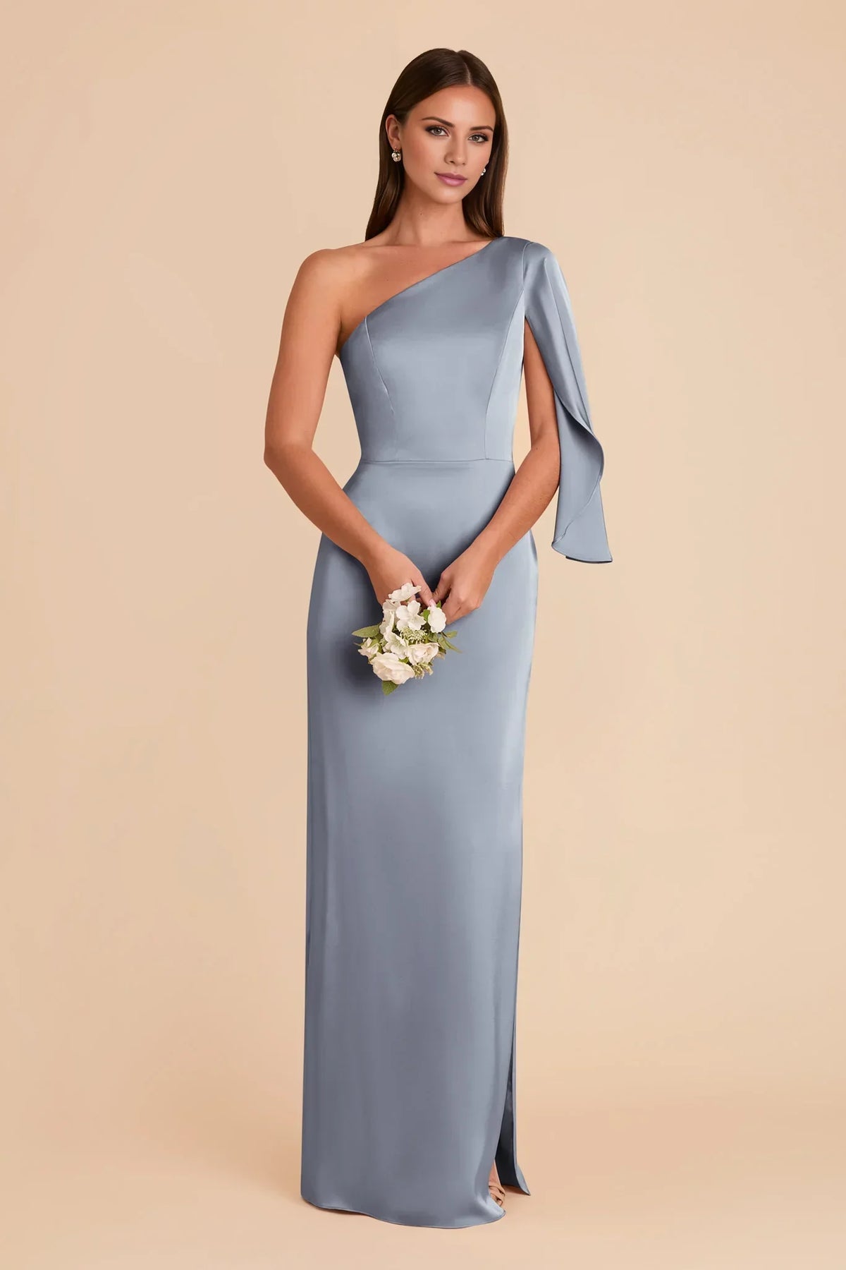 Blue One-Shoulder Satin Floor-Length Wedding Gown - Chloe Dress