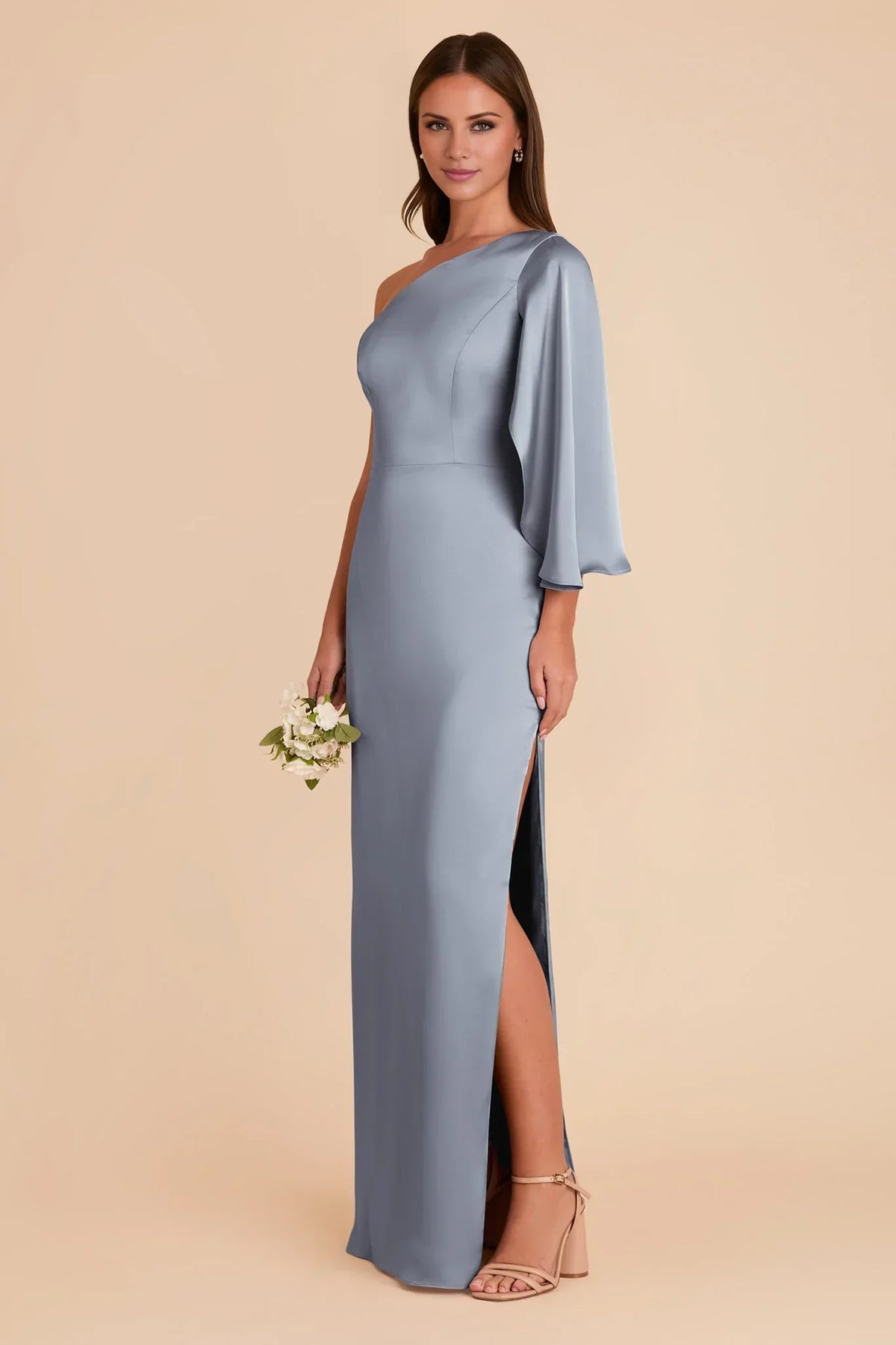 Blue One-Shoulder Satin Floor-Length Wedding Gown - Chloe Dress