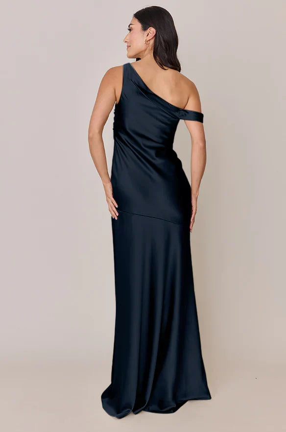 Navy Blue One-Shoulder Satin High Slit Wedding Dress - Chloe Dress