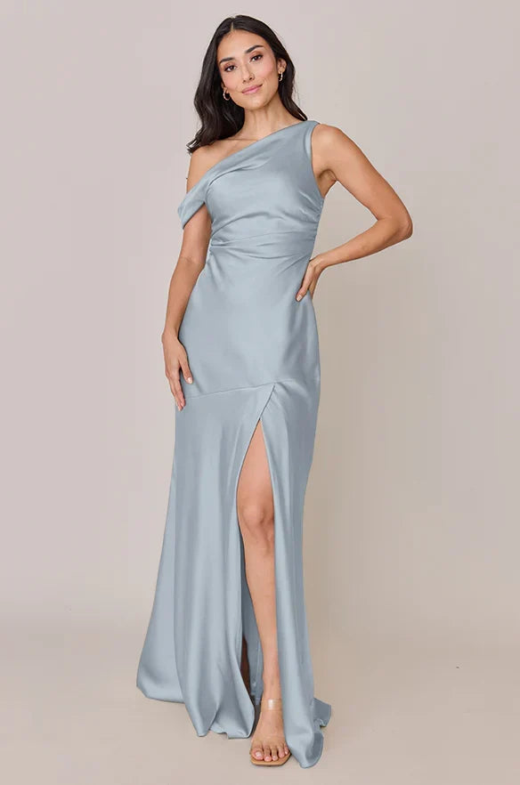 Sky Blue Mermaid One-Shoulder Satin High Slit Wedding Dress - Chloe Dress