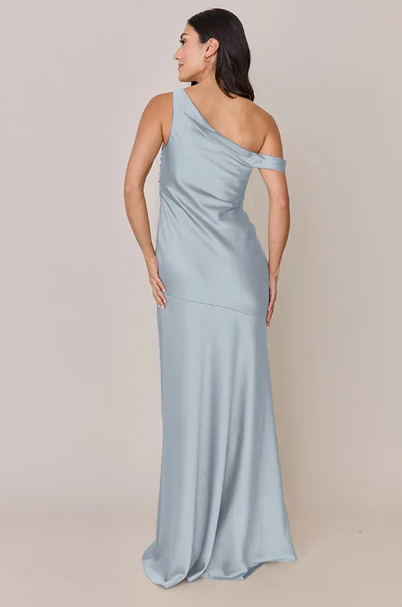 Sky Blue Mermaid One-Shoulder Satin High Slit Wedding Dress - Chloe Dress