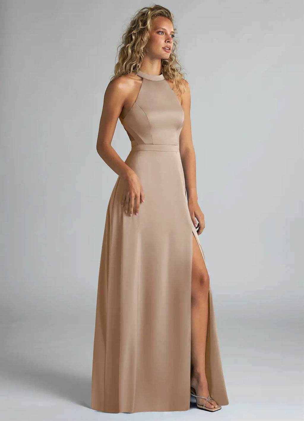 A-Line Halter Satin Sleeveless High Slit Floor-Length Wedding Dress - Chloe Dress