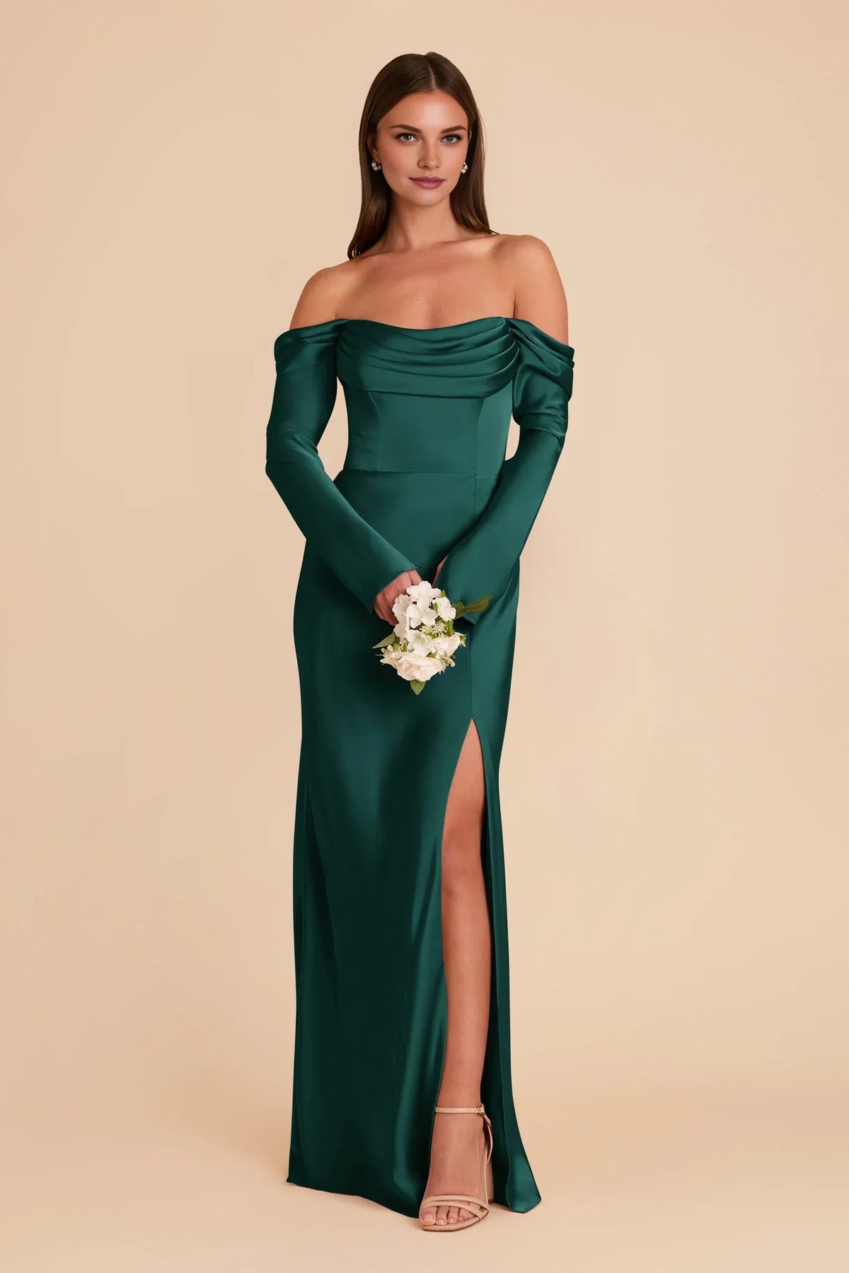 Sheath Cowl Neck Satin Long Sleeve Pleated Floor-Length Wedding Dress - Chloe Dress