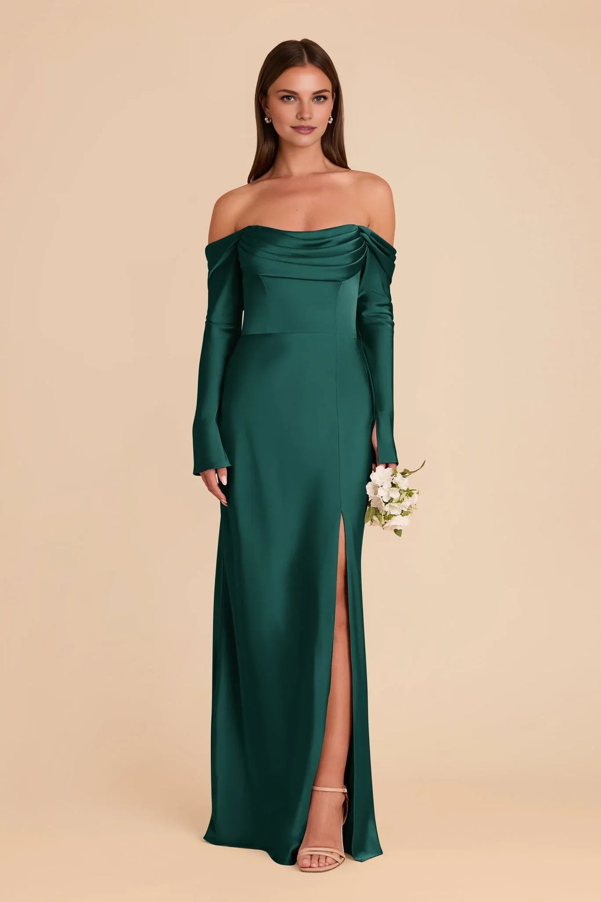 Sheath Cowl Neck Satin Long Sleeve Pleated Floor-Length Wedding Dress - Chloe Dress