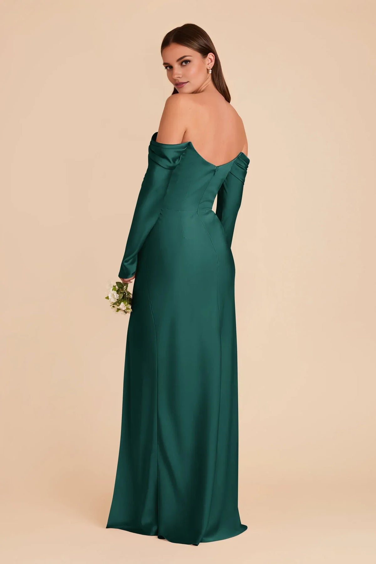 Sheath Cowl Neck Satin Long Sleeve Pleated Floor-Length Wedding Dress - Chloe Dress