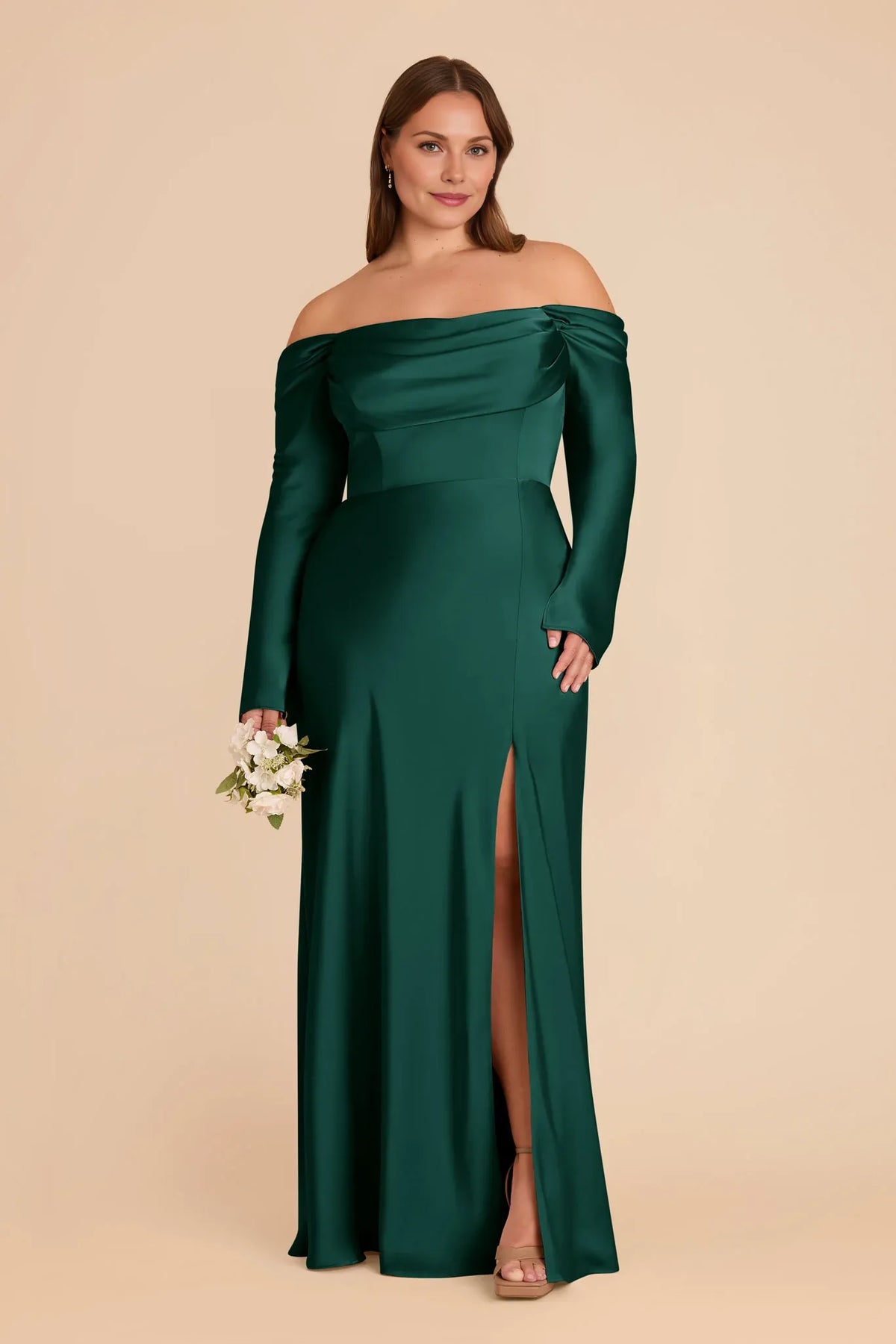 Sheath Cowl Neck Satin Long Sleeve Pleated Floor-Length Wedding Dress - Chloe Dress