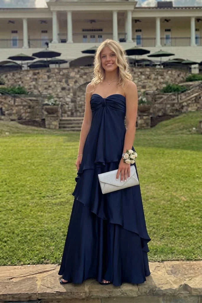 Navy Blue A-Line Sweetheart Satin Open Back Tiered Floor-Length Evening Dress - Chloe Dress