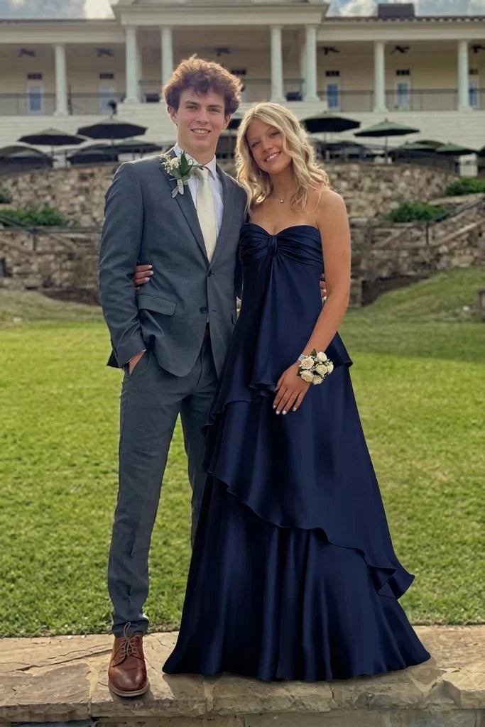 Navy Blue A-Line Sweetheart Satin Open Back Tiered Floor-Length Evening Dress - Chloe Dress