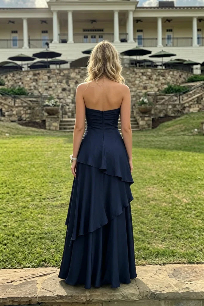 Navy Blue A-Line Sweetheart Satin Open Back Tiered Floor-Length Evening Dress - Chloe Dress