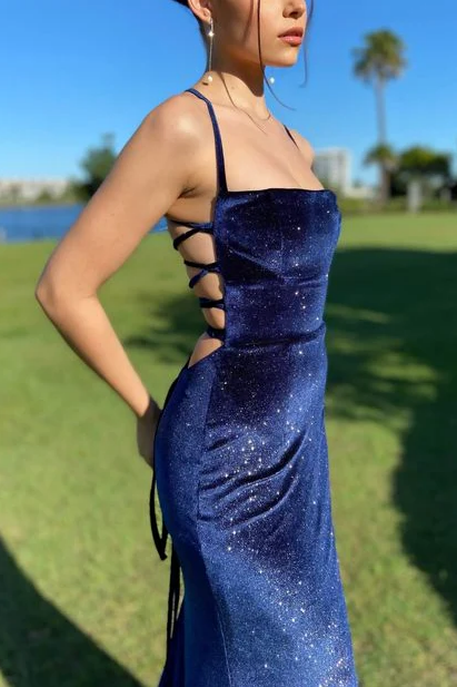 Navy Blue Mermaid Spaghetti Strap Lace Evening Dress - Chloe Dress