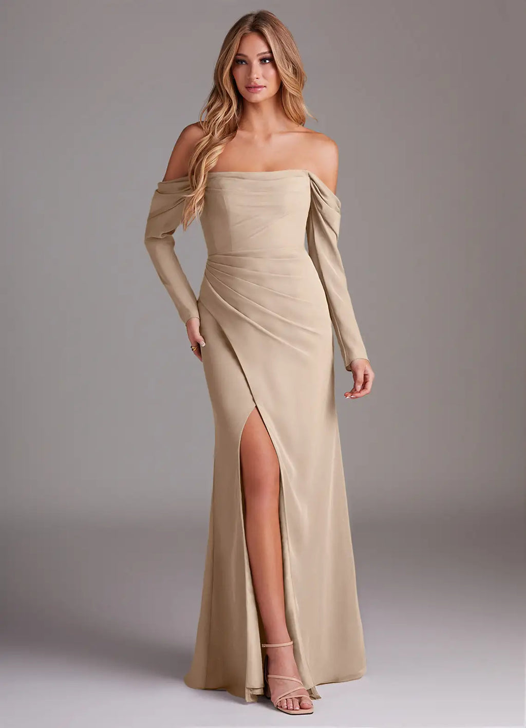 Satin Long Sleeve High Slit Wedding Dress - Chloe Dress