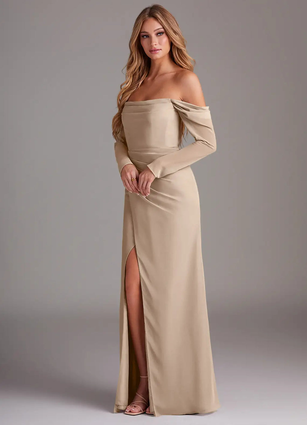Satin Long Sleeve High Slit Wedding Dress - Chloe Dress