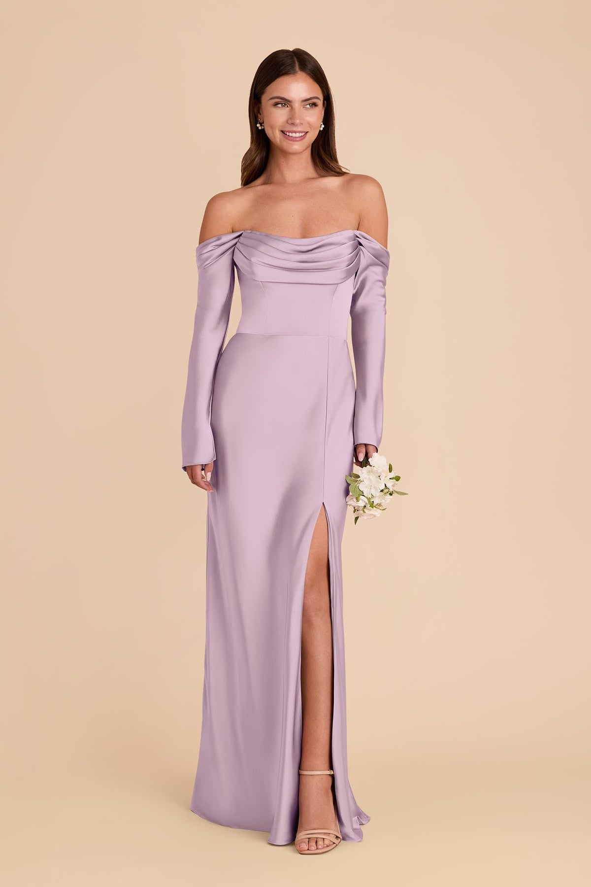 Mermaid Off-Shoulder Satin Long Sleeve High Slit Floor-Length Wedding Gown - Chloe Dress