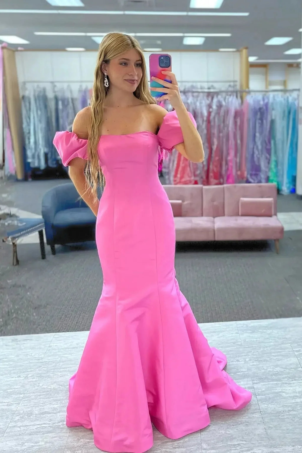 Mermaid Off-Shoulder Satin Puff Sleeve Train Evening Gown - Chloe Dress