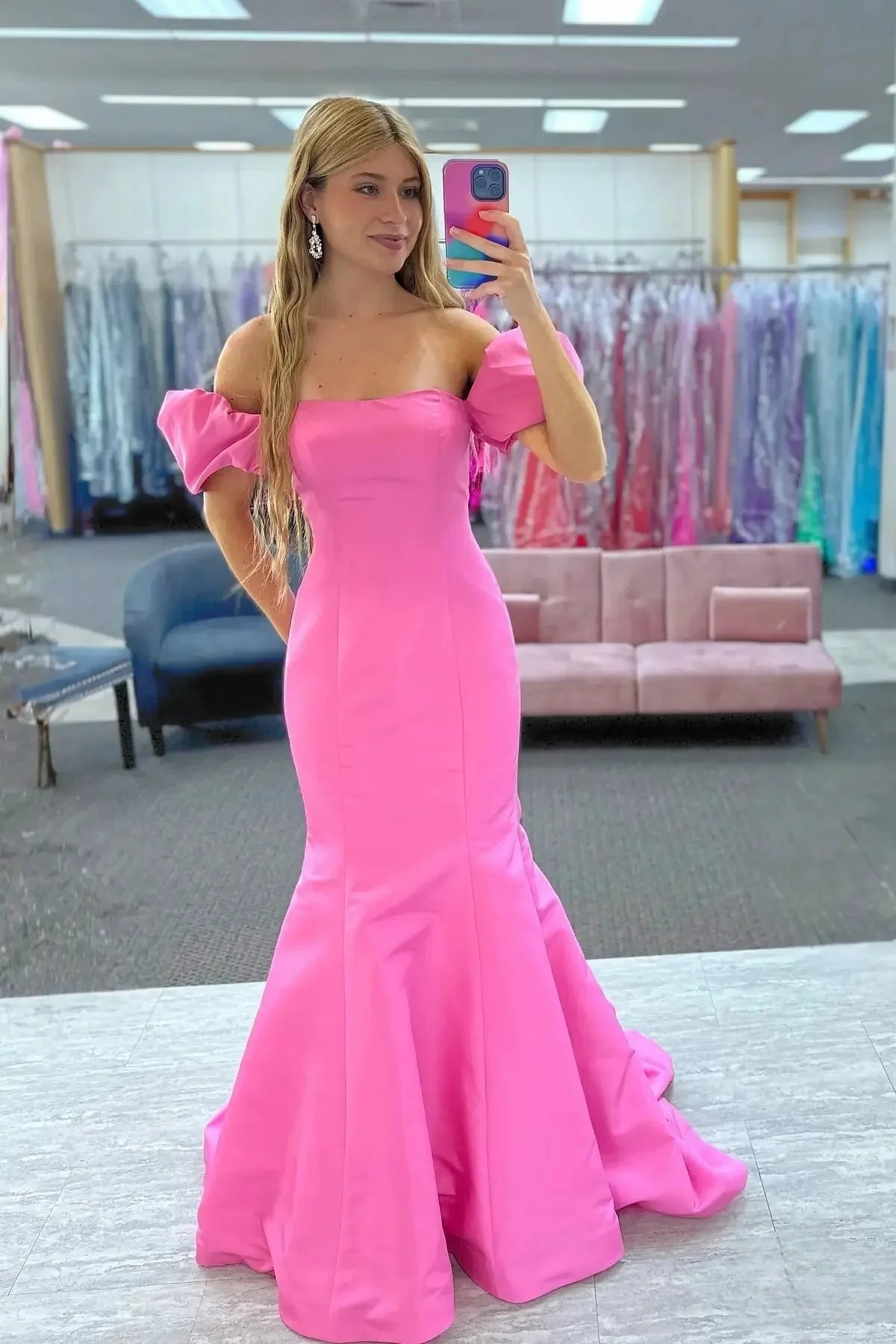Mermaid Off-Shoulder Satin Puff Sleeve Train Evening Gown - Chloe Dress