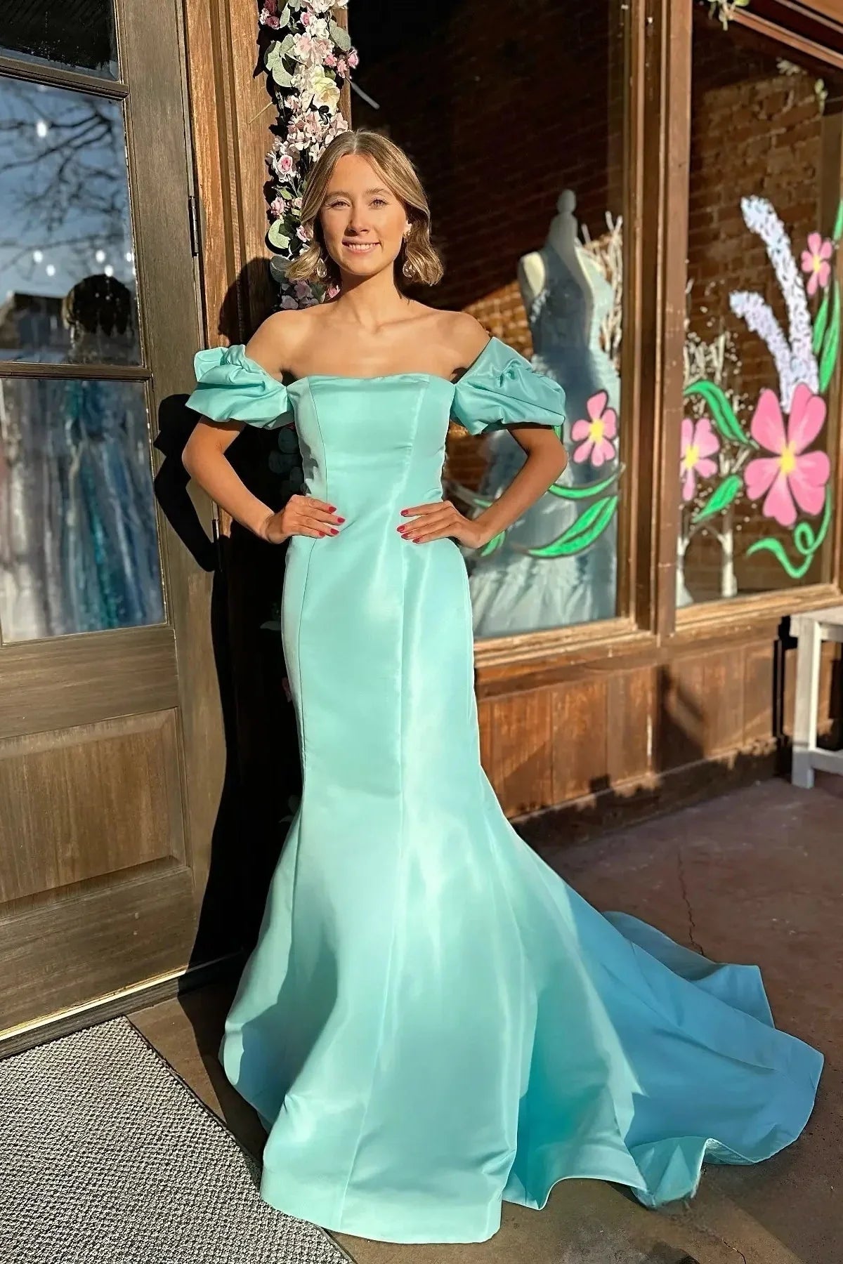 Mermaid Off-Shoulder Satin Puff Sleeve Train Evening Gown - Chloe Dress