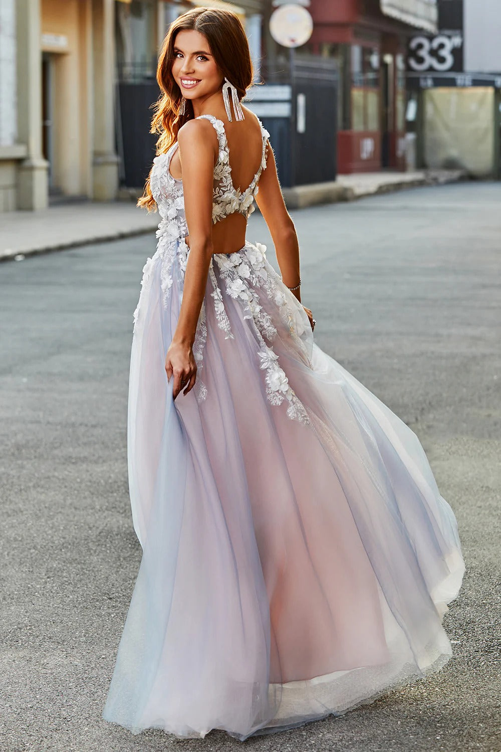 Ombre A-Line V-Neck Tulle Backless High Slit Prom Gown - Chloe Dress