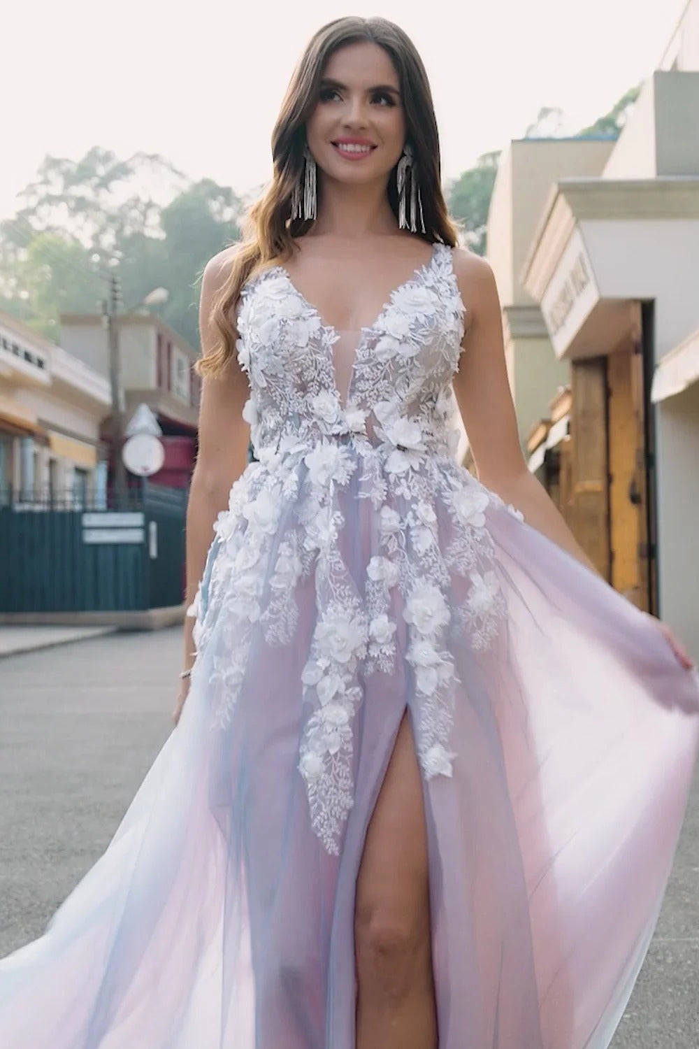 Ombre A-Line V-Neck Tulle Backless High Slit Prom Gown - Chloe Dress