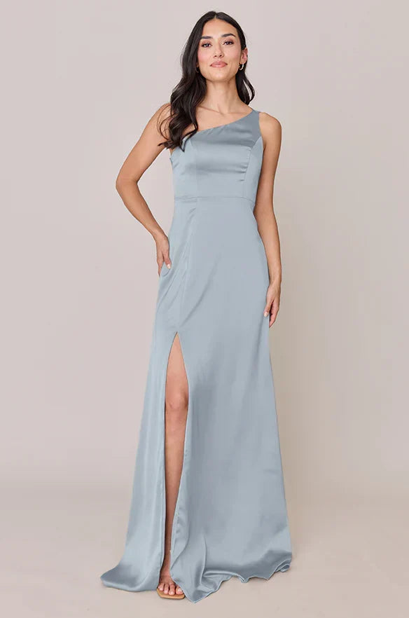 One-Shoulder Satin High Slit Floor-Length Wedding Dress - Chloe Dress