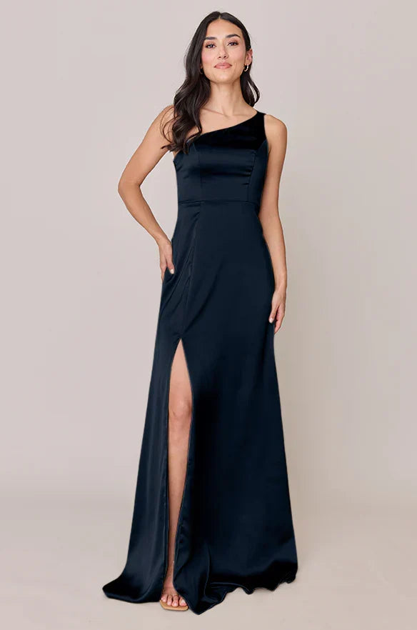 One-Shoulder Satin High Slit Wedding Dress - Chloe Dress