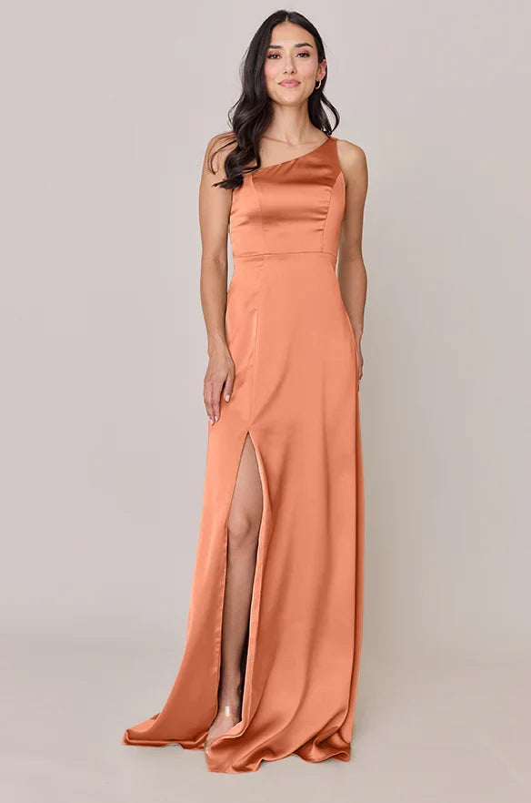One-Shoulder Satin High Slit Wedding Dress - Chloe Dress