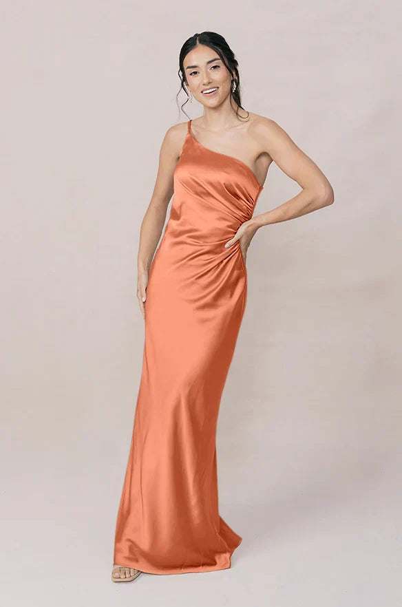 One-Shoulder Satin High Slit Wedding Dress - Chloe Dress
