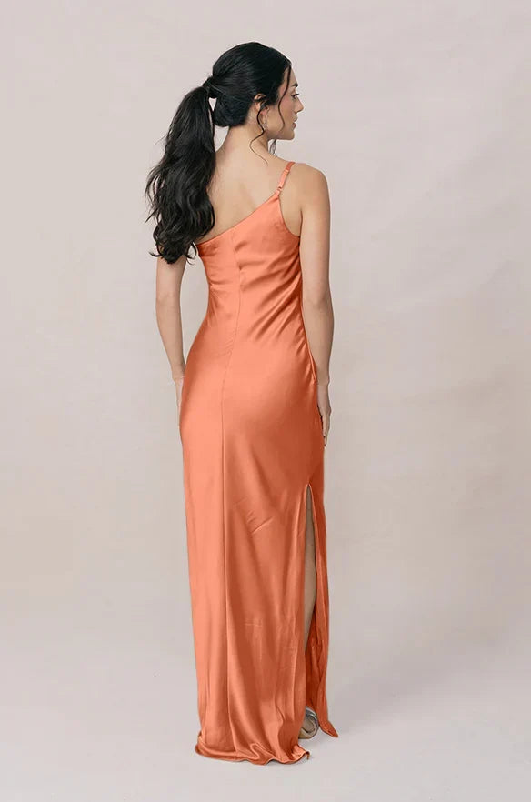 One-Shoulder Satin High Slit Wedding Dress - Chloe Dress