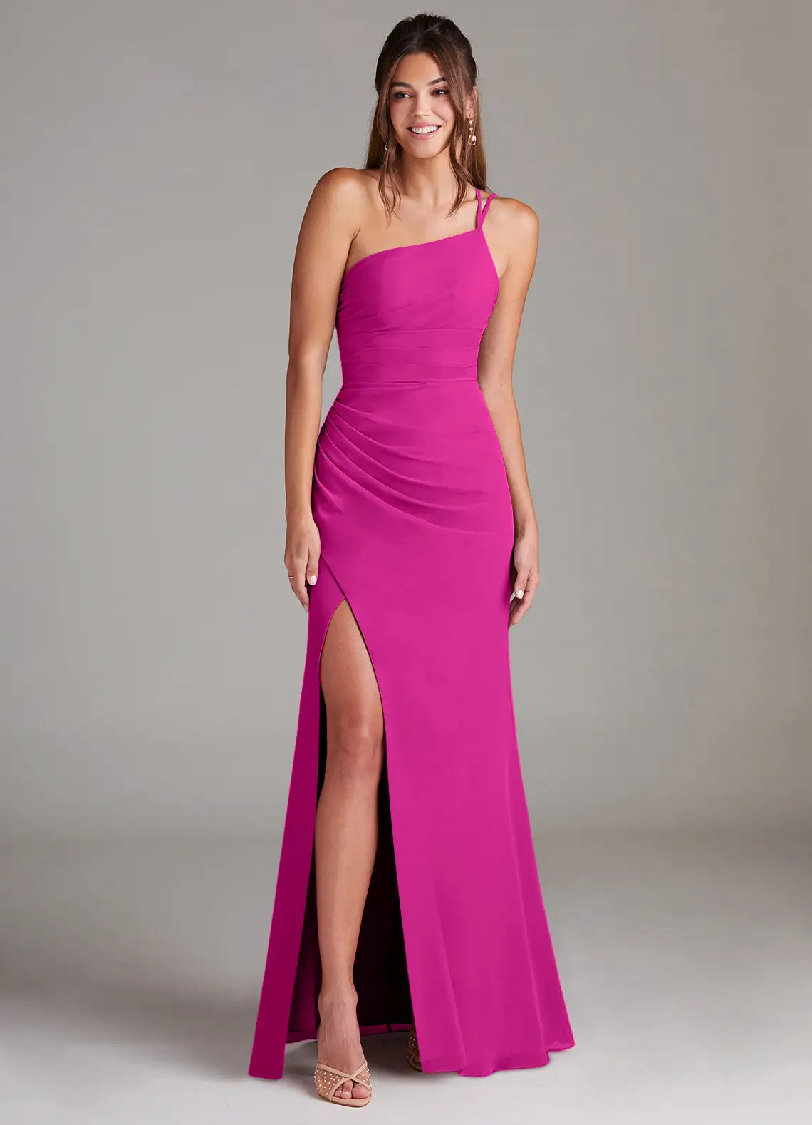 One-Shoulder Chiffon High Slit Wedding Dress - Chloe Dress
