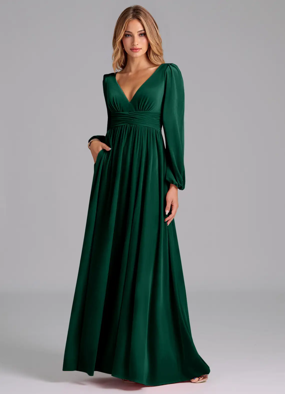 V-Neck Velvet Puff Sleeve Open Back High Slit Floor-Length Wedding Dress - Chloe Dress