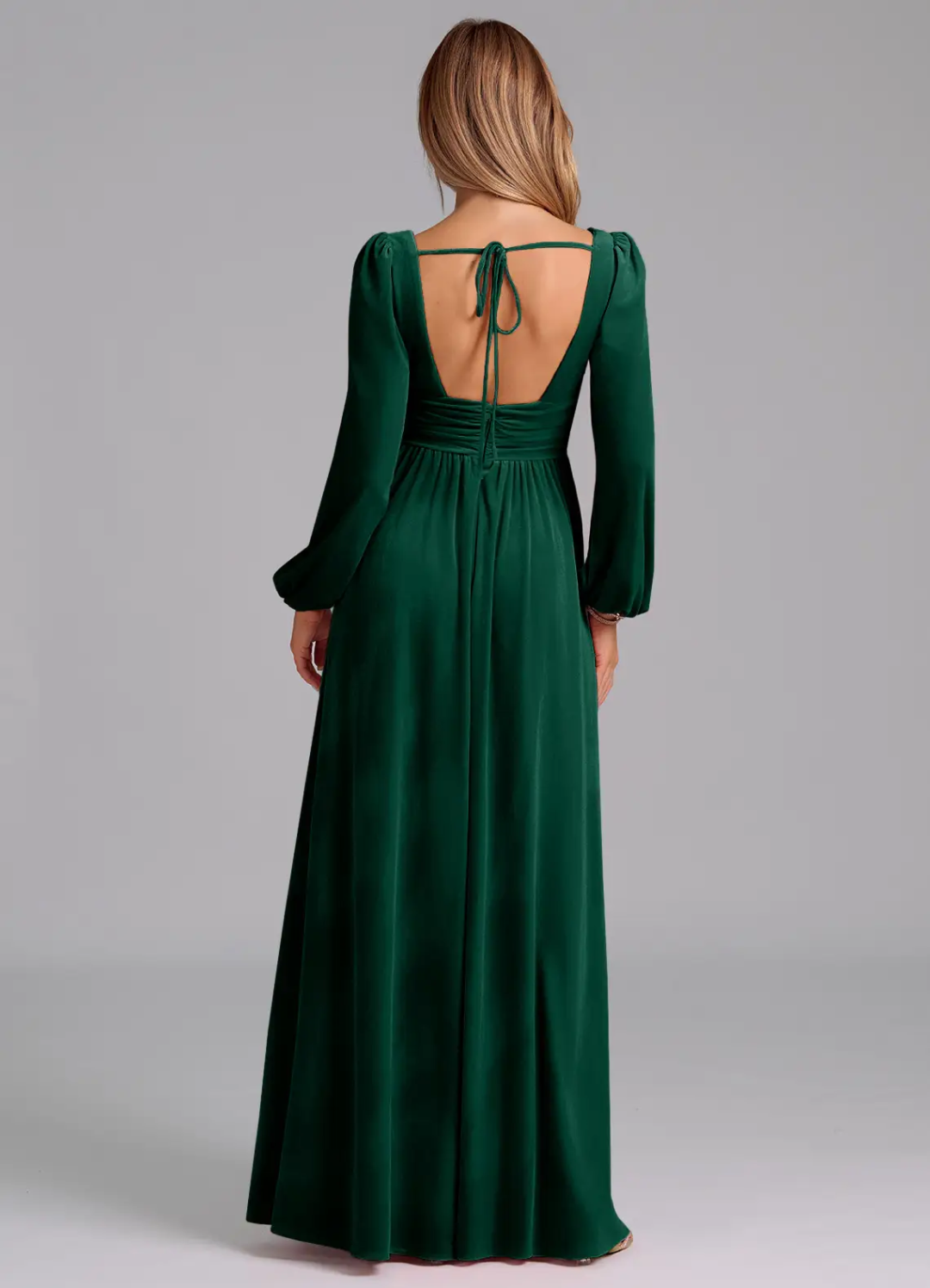 V-Neck Velvet Puff Sleeve Open Back High Slit Floor-Length Wedding Dress - Chloe Dress