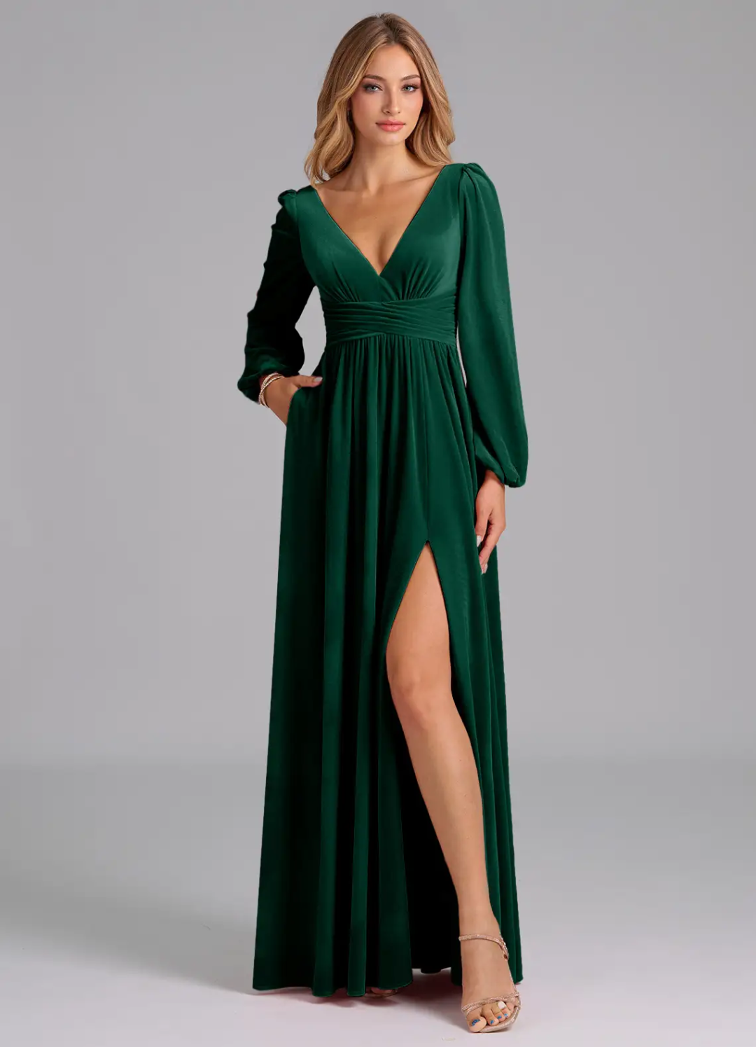 V-Neck Velvet Puff Sleeve Open Back High Slit Floor-Length Wedding Dress - Chloe Dress
