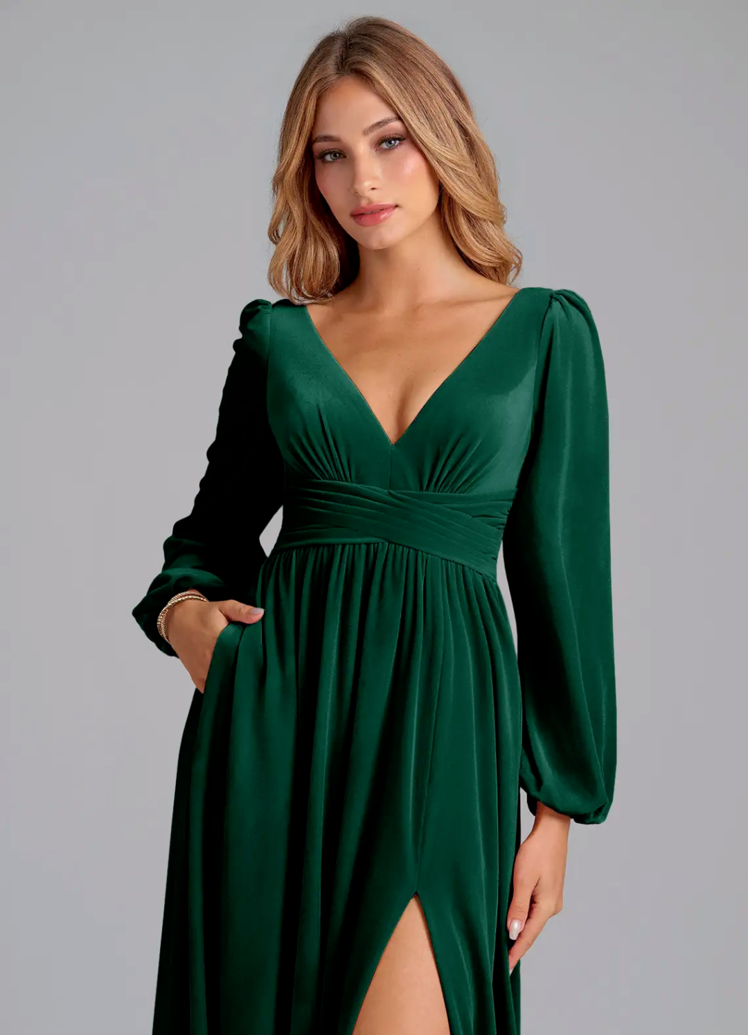 V-Neck Velvet Puff Sleeve Open Back High Slit Floor-Length Wedding Dress - Chloe Dress