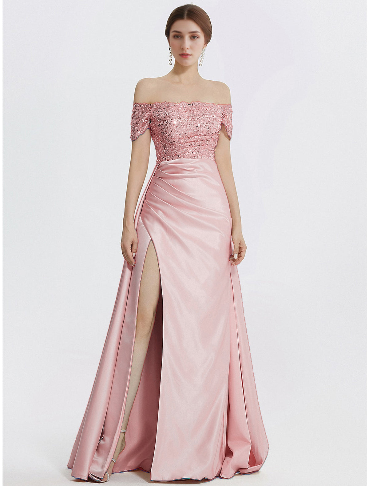 Sheath Off-Shoulder Sequin Short Sleeve High Slit Floor-Length Evening Gown - Chloe Dress