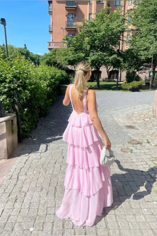 Pink One-Shoulder Chiffon Backless Ruffled Evening Dress - Chloe Dress