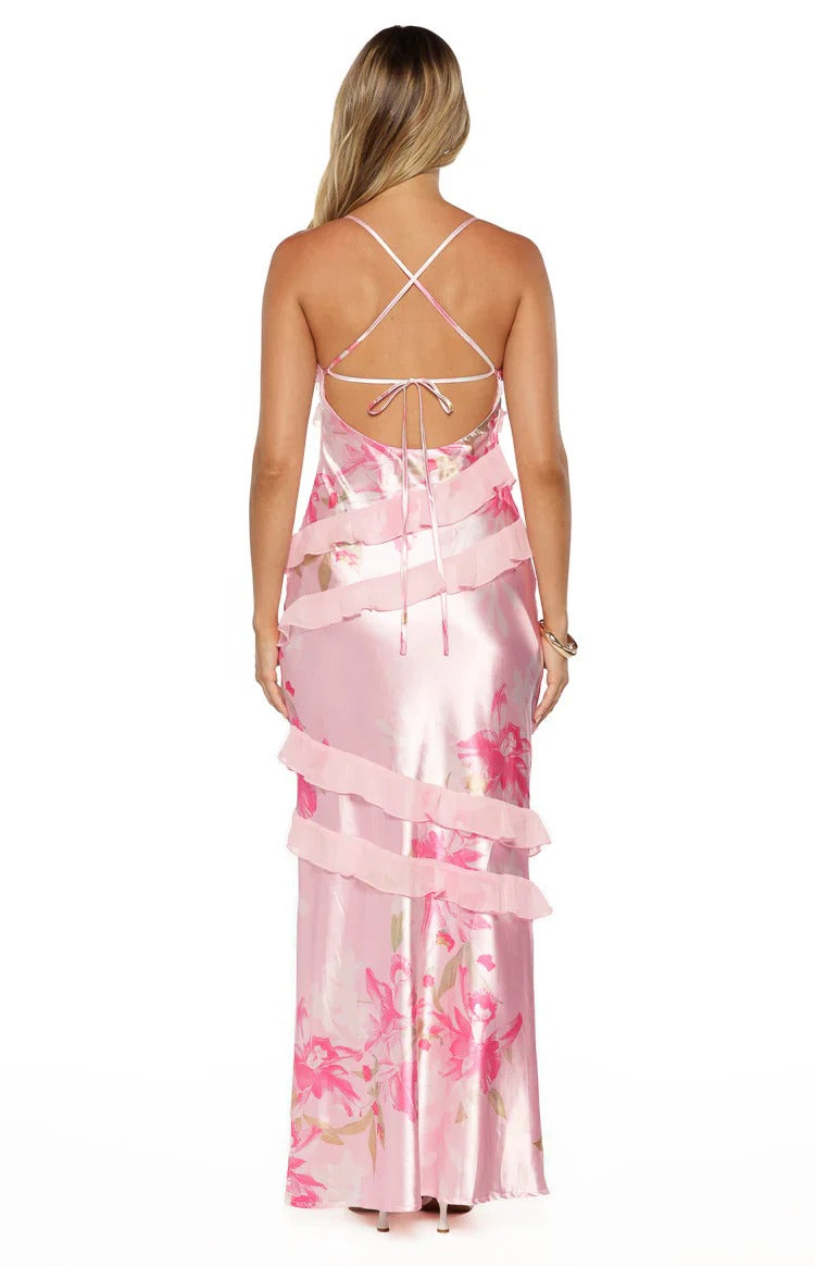 Pink Satin Open Back Ruffled Floor-Length Dress - Chloe Dress