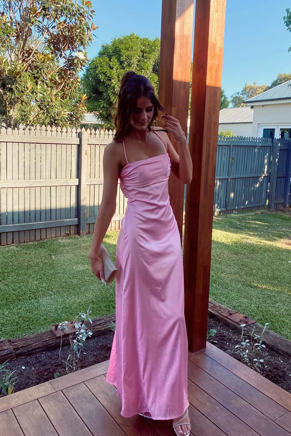 Pink Spaghetti Strap Satin Floor-Length Evening Gown - Chloe Dress
