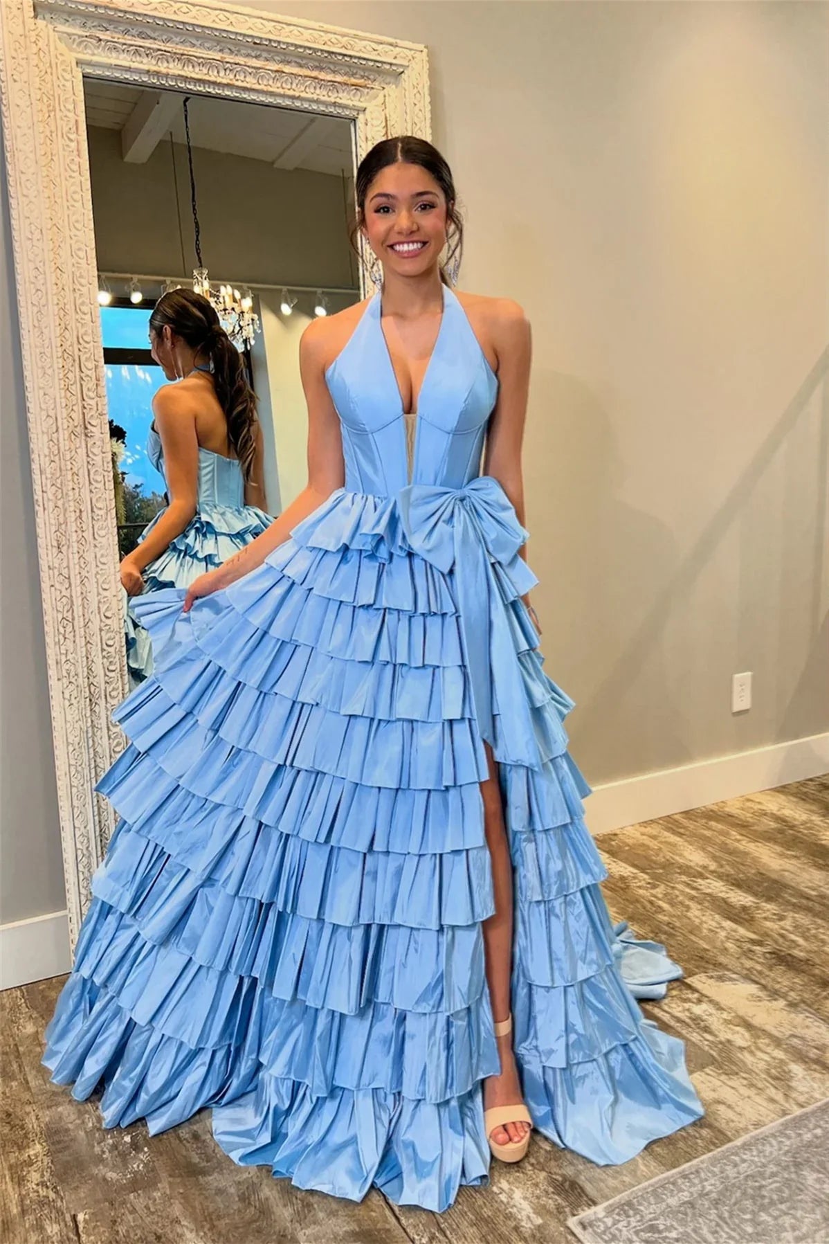 Ball Gown Halter Sleeveless Open Back High Slit Floor-Length Evening Gown - Chloe Dress