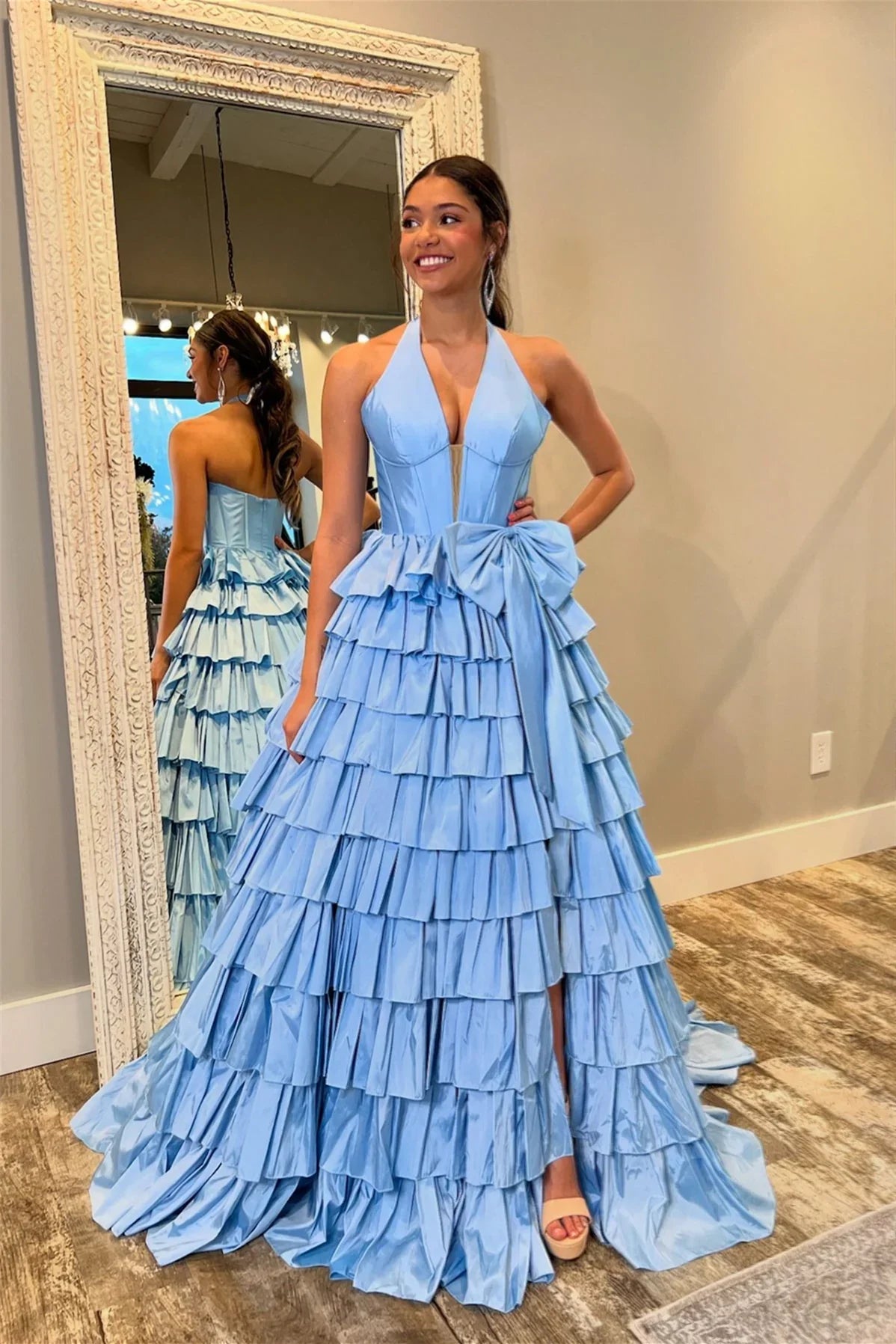 Ball Gown Halter Sleeveless Open Back High Slit Floor-Length Evening Gown - Chloe Dress
