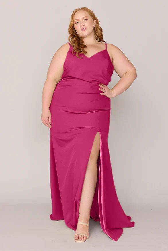 Mermaid V-Neck Satin High Slit Wedding Gown - Chloe Dress