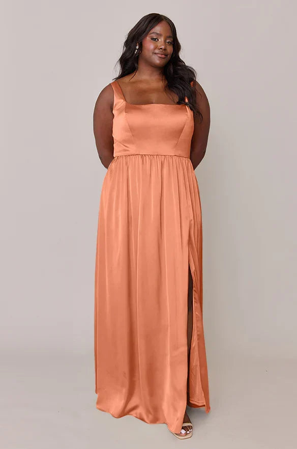 A-Line Square Neck Satin High Slit Wedding Dress - Chloe Dress