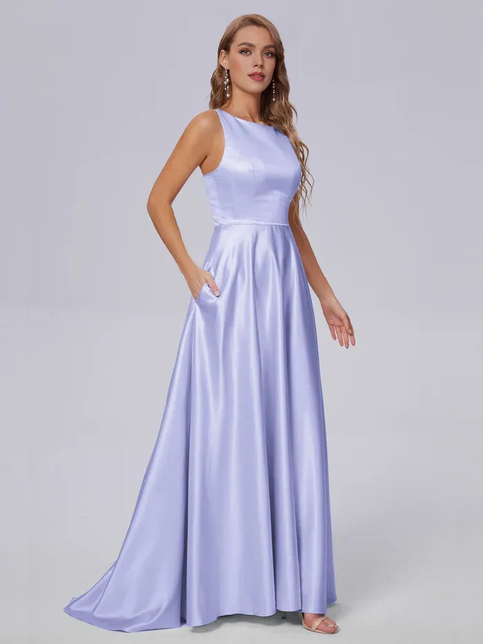 A-Line Satin Sleeveless Pleated Floor-Length Wedding Dress - Chloe Dress