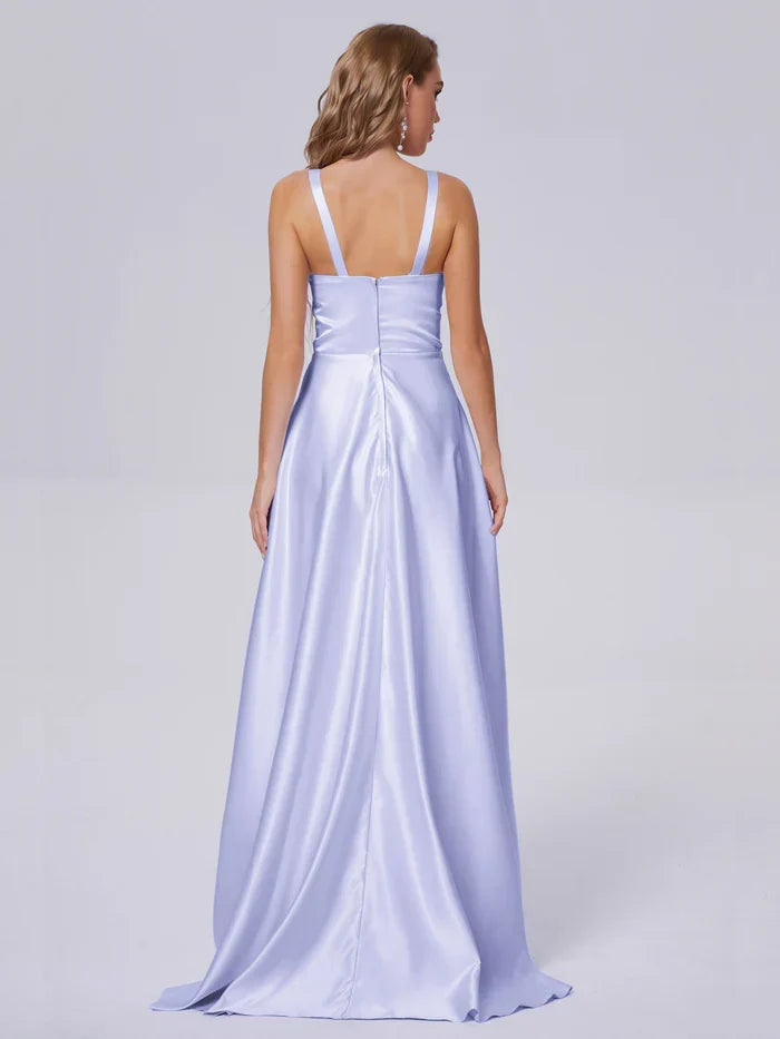 A-Line Satin Sleeveless Pleated Floor-Length Wedding Dress - Chloe Dress