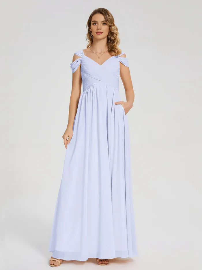Empire Waist V-Neck Chiffon Short Sleeve Pleated Floor-Length Wedding Dress - Chloe Dress