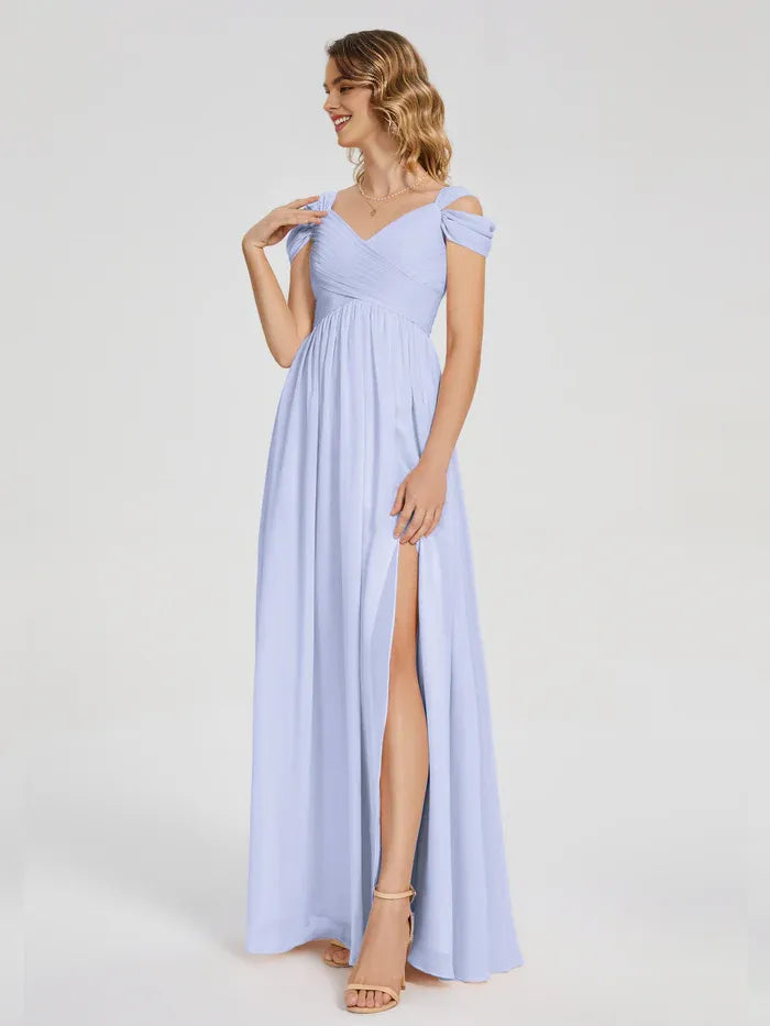 Empire Waist V-Neck Chiffon Short Sleeve Pleated Floor-Length Wedding Dress - Chloe Dress