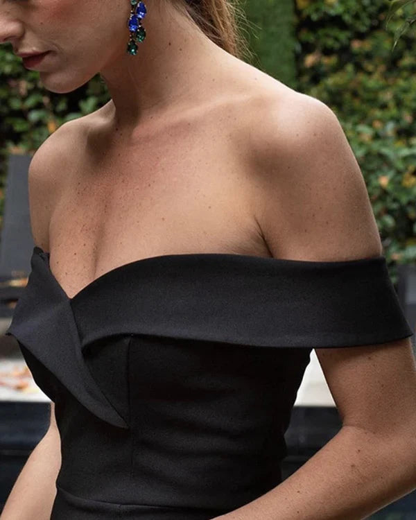 Off-Shoulder Satin High Slit Ball Dress - Chloe Dress