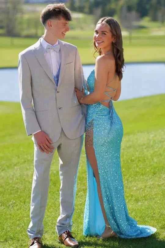 Mermaid Spaghetti Strap Sequin High Slit Prom Gown - Chloe Dress