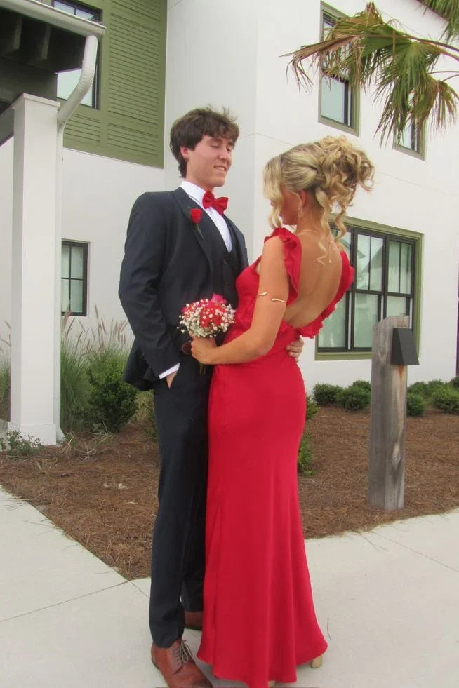 Red Mermaid Satin Open Back Ruffled Floor-Length Prom Gown - Chloe Dress