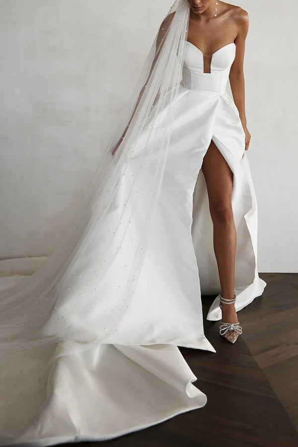 A-Line V-Neck Satin High Slit Mini Wedding Dress - Chloe Dress