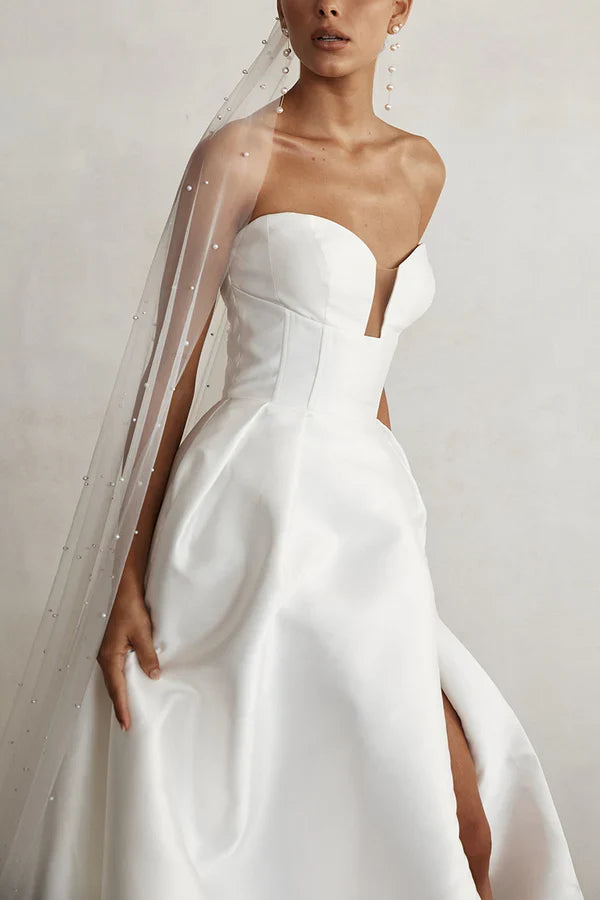 A-Line V-Neck Satin High Slit Mini Wedding Dress - Chloe Dress