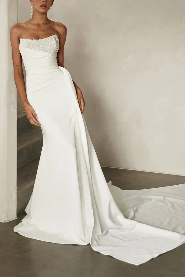 Strapless Satin Pleated Wedding Dress - Chloe Dress